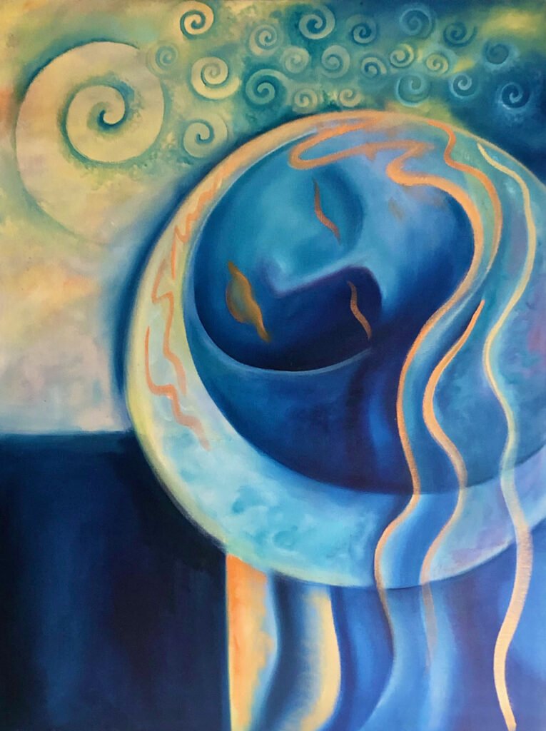 Painting of a crescent moon with a woman's face