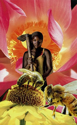 Collage image of a dark-skinned woman holding a garden tool with flowers and bees around her.
